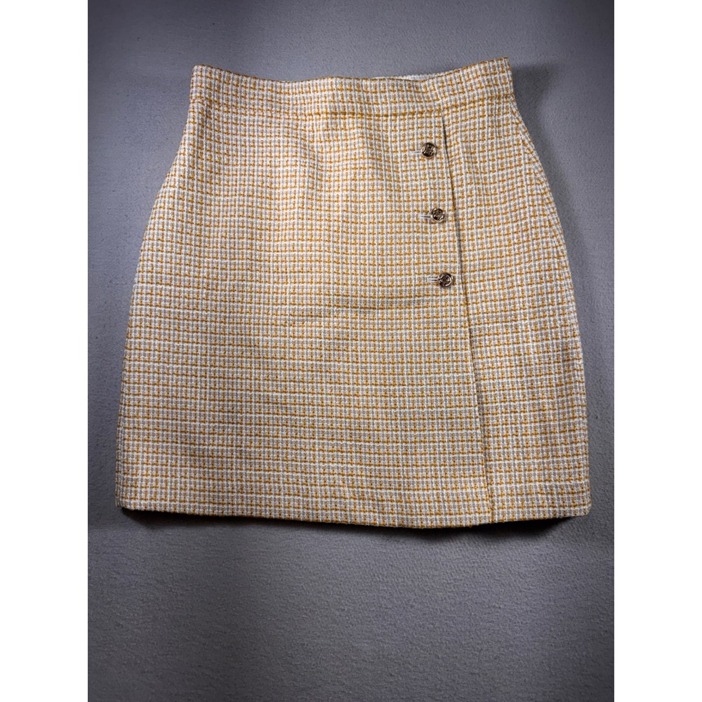 Ann Taylor Factory Yellow White Tweed Mini Skirt Gold Button Faux Wrap Size 2